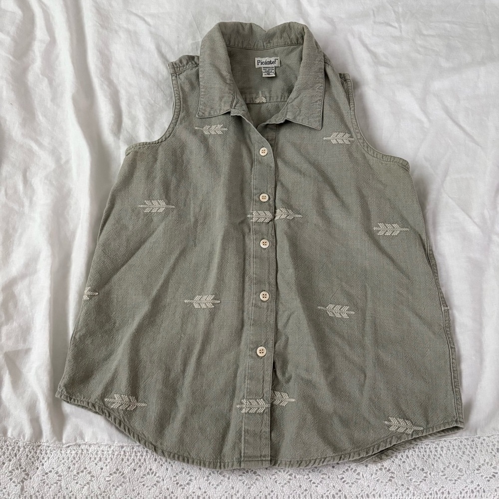 Olive Green Sleeveless Button-Down Top
